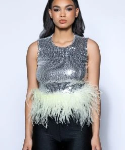 DISCO BALL SLEEVELESS FEATHER TRIM CROP TOP 4 DISCO BALL SLEEVELESS FEATHER TRIM CROP TOP -FootJoy Store disco ball sleeveless feather trim crop top silver 3 3