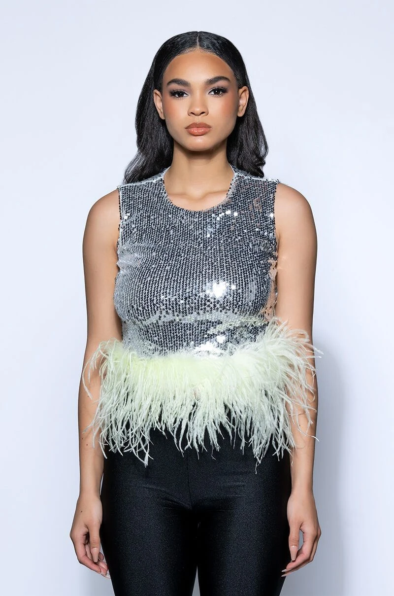 DISCO BALL SLEEVELESS FEATHER TRIM CROP TOP DISCO BALL SLEEVELESS FEATHER TRIM CROP TOP -FootJoy Store disco ball sleeveless feather trim crop top silver 3 3