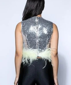 DISCO BALL SLEEVELESS FEATHER TRIM CROP TOP 6 DISCO BALL SLEEVELESS FEATHER TRIM CROP TOP -FootJoy Store disco ball sleeveless feather trim crop top silver 5 5