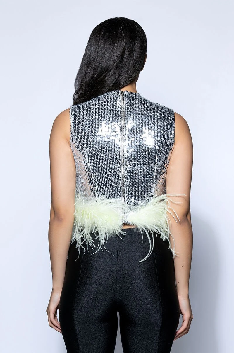 DISCO BALL SLEEVELESS FEATHER TRIM CROP TOP DISCO BALL SLEEVELESS FEATHER TRIM CROP TOP -FootJoy Store disco ball sleeveless feather trim crop top silver 5 5