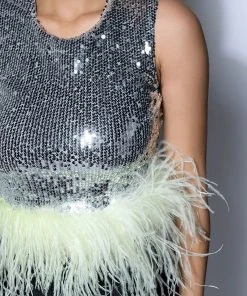 DISCO BALL SLEEVELESS FEATHER TRIM CROP TOP 7 DISCO BALL SLEEVELESS FEATHER TRIM CROP TOP -FootJoy Store disco ball sleeveless feather trim crop top silver 6 6