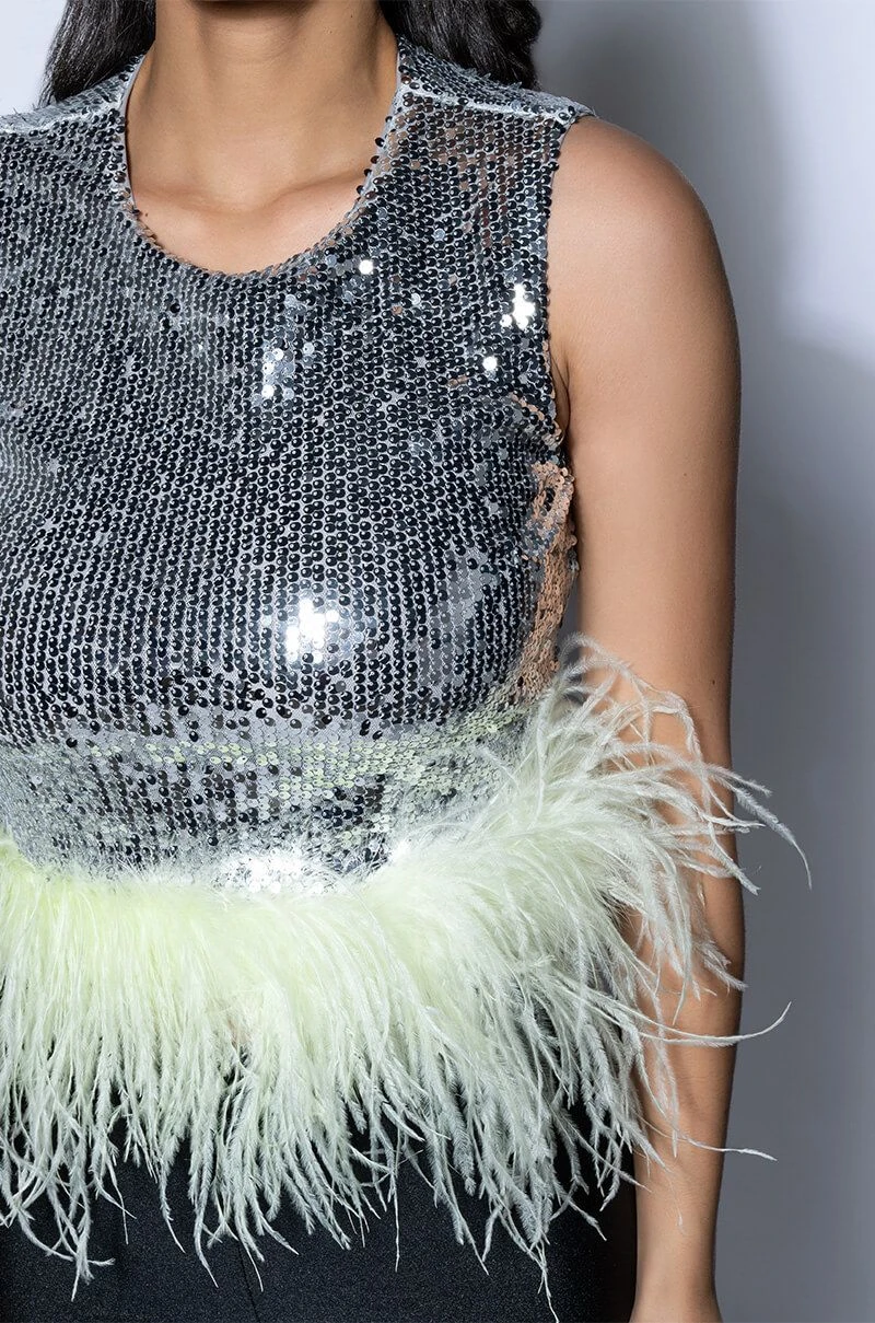DISCO BALL SLEEVELESS FEATHER TRIM CROP TOP DISCO BALL SLEEVELESS FEATHER TRIM CROP TOP -FootJoy Store disco ball sleeveless feather trim crop top silver 6 6