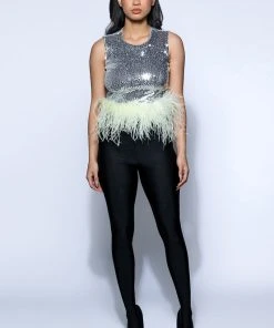 DISCO BALL SLEEVELESS FEATHER TRIM CROP TOP 8 DISCO BALL SLEEVELESS FEATHER TRIM CROP TOP -FootJoy Store disco ball sleeveless feather trim crop top silver 7 7