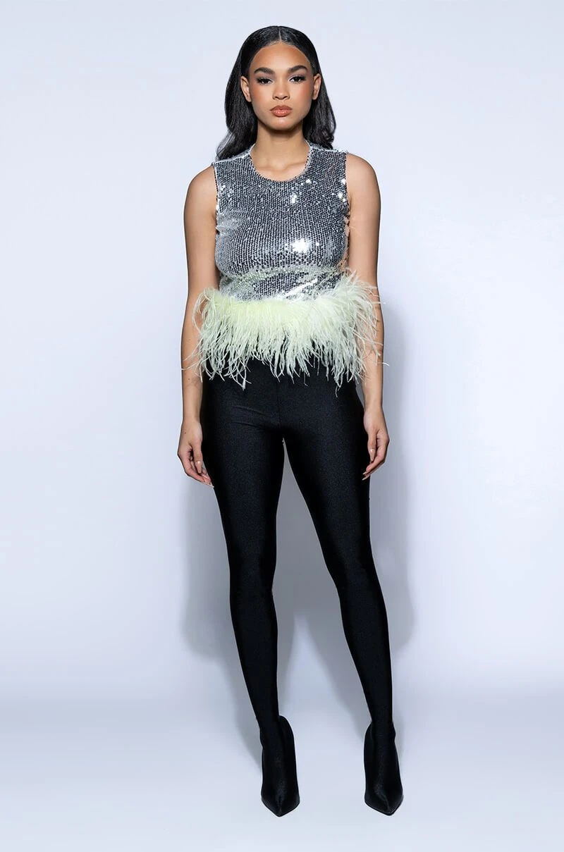 DISCO BALL SLEEVELESS FEATHER TRIM CROP TOP DISCO BALL SLEEVELESS FEATHER TRIM CROP TOP -FootJoy Store disco ball sleeveless feather trim crop top silver 7 7