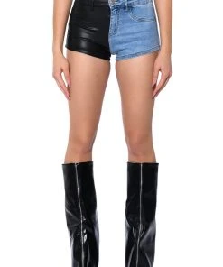 FLEX FIT EXTREME STRETCH FAUX LEATHER AND DENIM SHORTS