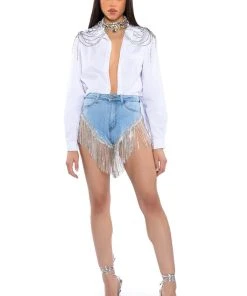 GONNA LOVE ME WATERFALL RHINESTONE DENIM SHORT -FootJoy Store gonna love me waterfall rhinestone denim short light blue denim 3 3 c1