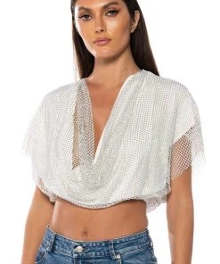 INDIGO DRAPED RHINESTONE MESH BLOUSE IN WHITE