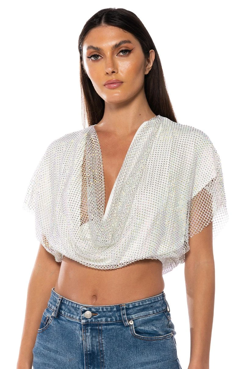 INDIGO DRAPED RHINESTONE MESH BLOUSE IN WHITE INDIGO DRAPED RHINESTONE MESH BLOUSE IN WHITE -FootJoy Store indigo draped rhinestone mesh blouse in white white 1 1