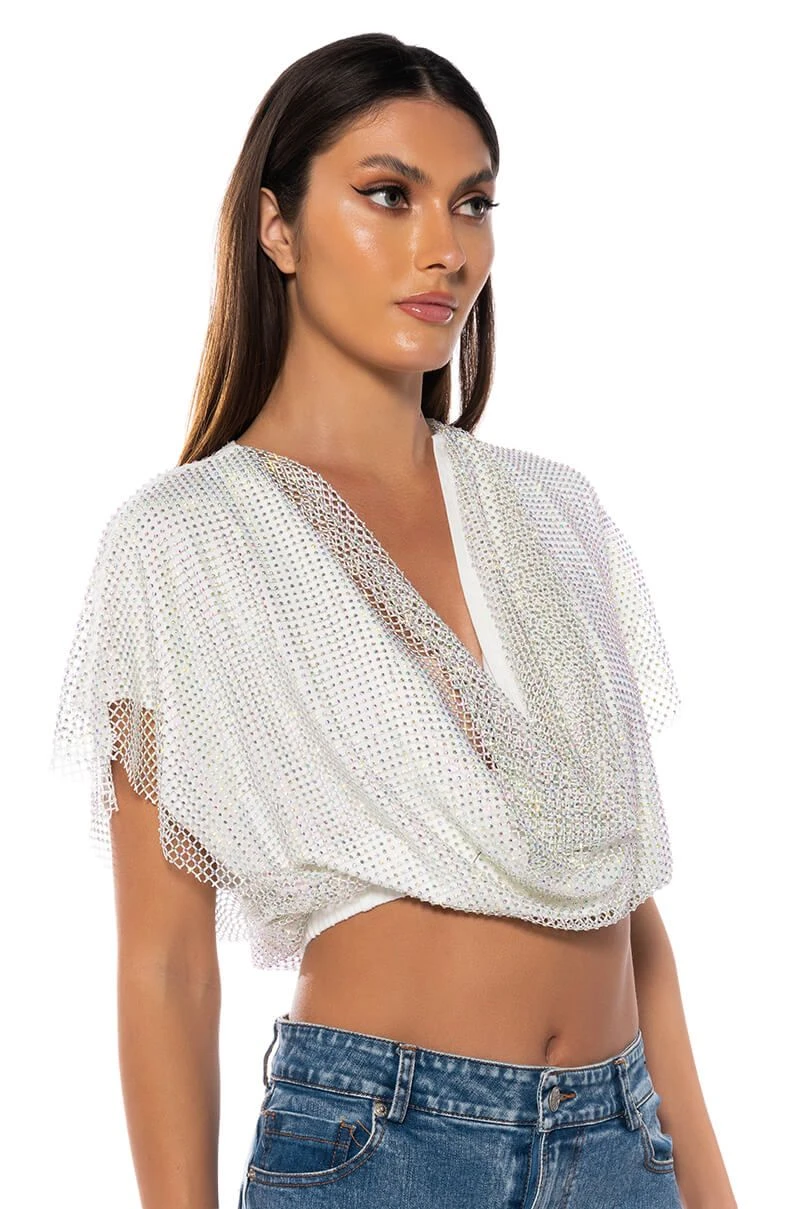 INDIGO DRAPED RHINESTONE MESH BLOUSE IN WHITE INDIGO DRAPED RHINESTONE MESH BLOUSE IN WHITE -FootJoy Store indigo draped rhinestone mesh blouse in white white 2 2