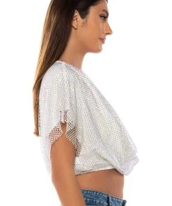 INDIGO DRAPED RHINESTONE MESH BLOUSE IN WHITE 5 INDIGO DRAPED RHINESTONE MESH BLOUSE IN WHITE -FootJoy Store indigo draped rhinestone mesh blouse in white white 4 4