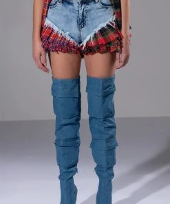 MODERN PUNK PLAID RUFFLE DENIM SHORT