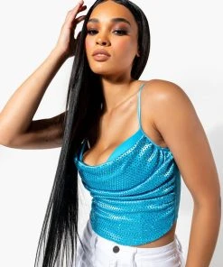 NOVA GIRL RHINESTONE COWL NECK TANK