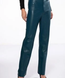 TE QUIERO HIGH RISE VEGAN LEATHER STRAIGHT LEG PANTS IN TEAL