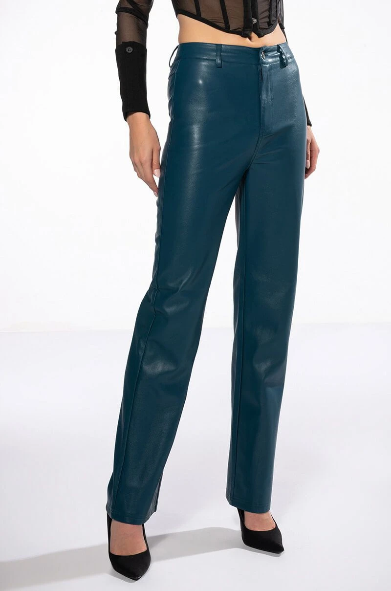 TE QUIERO HIGH RISE VEGAN LEATHER STRAIGHT LEG PANTS IN TEAL