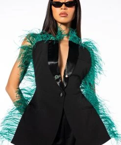 THE ONE FEATHER TRIMMED OPEN BACK BLOUSE